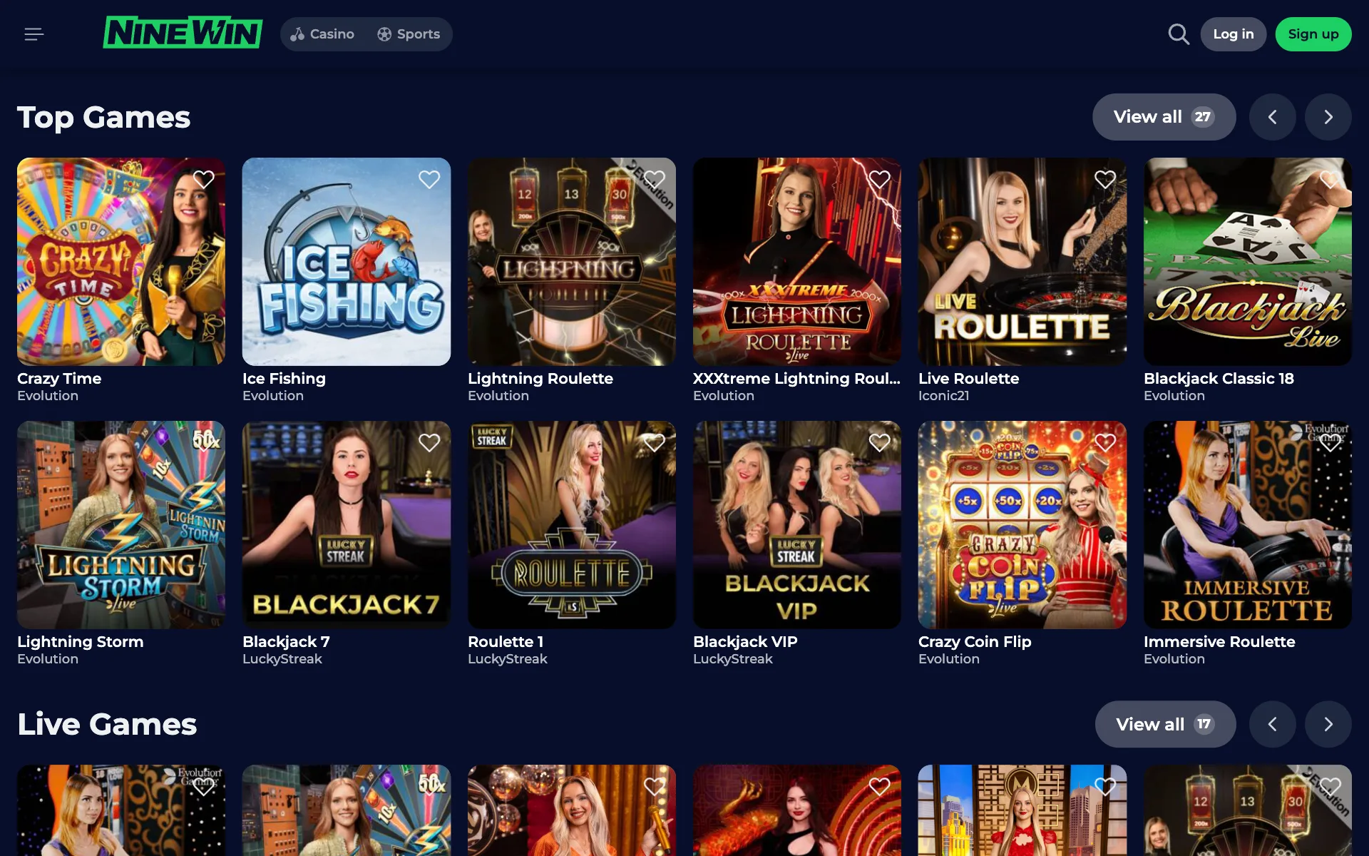 NineWin live roulette and blackjack tables